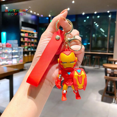 Birthday Popper Iron Man Keychain– 3D Rubber Superhero Figure with Strap & Metal Keyring Key Chain