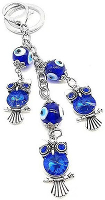 Jainjon Blue Silver Evil Eye with Three Lucky Owl Keychain For Bike/Car Gifting Key Ring Key Chain