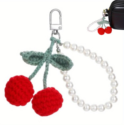 SNOWY SHOP Handmade Crochet Cherry Pearl Keychain – Cute Bag & Purse Charm for Girls Key Chain