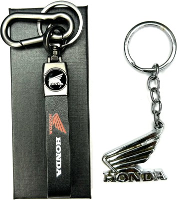 FLAMBE Honda Belt Leather Keychain & Steel Logo Keychain Pack Of 2 Key Chain