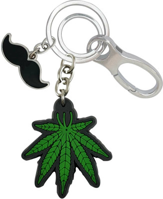 SHOKY LOOKS Green Leaf In Rubber With Black Mustache Fashionable Locking Lock Key Chain