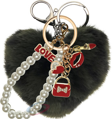 iAccessories Dark Green Leopard Heart Pom Pom Keychain with Pearl for Girls’ Bags Key Chain