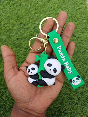 Kumar Handicraft Panda Baby Cute Double Panda Keychain Green Strap, Gold-Tone Hardware Key Chain