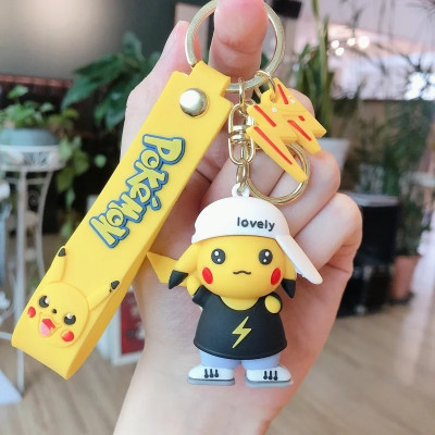 Classic Quirk Cute Pikachu Black Silicone 3D Key Chain with Strap Charm & Metal Hook, Key Ring Key Chain