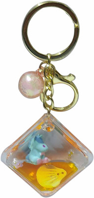 heeva creation Floating Unicorn Liquid Filled Acrylic Bottle Key Chain with Charm.(Yellow). Key Chain