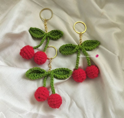Loveandloopby MK Handmade Crochet Cherry Keychain – Set of 3 Key Chain