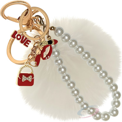 iAccessories White Faux Fur Pom Pom Keychain with Pearl for Girls’ Bags & Wallets Key Chain