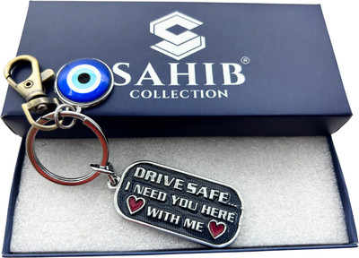 Sahib Collection Drive Safe I Need You Here Black with Evil Eye & Green Hook Metal Keyring Pack1 Key Chain