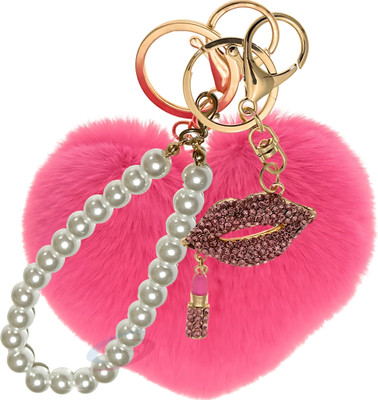 iAccessories Hot Pink Heart Pom Pom Charm with Diamond Lips & Pearl for Girls Key Chain