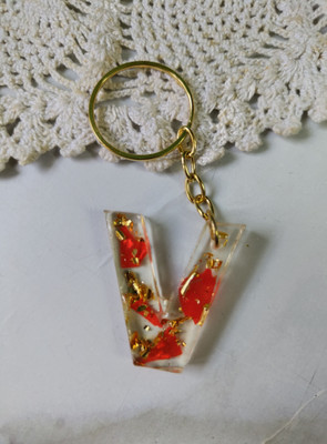 SnipNclip Crafts V Letter\ Alphabet Keychain with golden ring and Rose Petals Key Chain