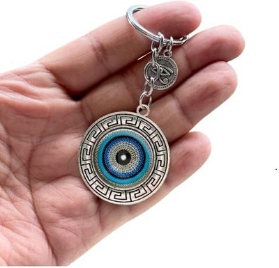 Lenity Annie Blue and Silver Color Round Evil Eye Keychain For Bike/Car Key Chain