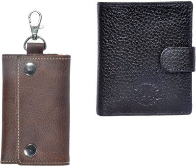 N WALLETS Leather Rfid Wallet (Black) With Leather Key Organizer (Brown) Key Chain