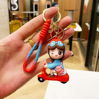 ZimniasO Cute 3D Cartoon Design Scooty Girl Keychains with Strap Charm & Hook, Red Key Chain