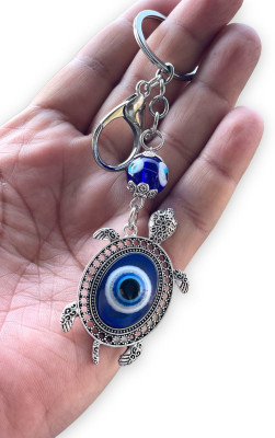 Lenity Silver Color Blue Evil Eye Lucky Turtle Keychain For Bike/Car Key Ring Key Chain
