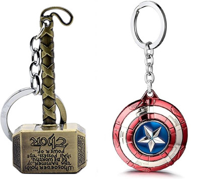 Mistazzo Thor Hammer and Captain America Rotating Shield Metal Keyring Pack Of 2 Key Chain