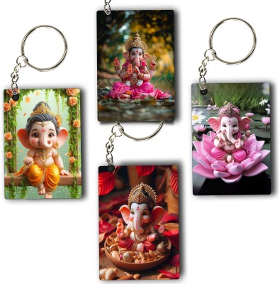 ASvik Creation Premium Ganesha 2 Printed Keychain (Pack of 4) For Bike, Scooty, Car, Acrylic Key Chain