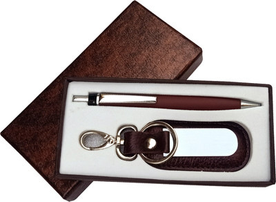 GS.ESHIKA Gift Set Genuine Leather Key Ring and Metal Ball Pen Brown Colour Multicolor Key Chain