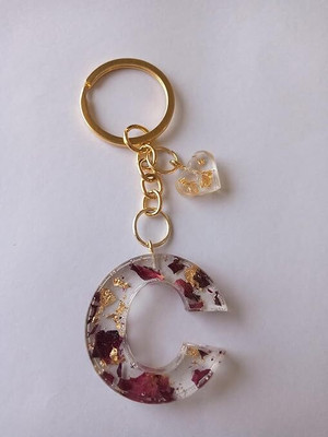 SnipNclip Crafts C alphabet resin Keychain with real rose petals preserved and heart Key Chain