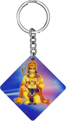 AFH Lord Mahabali Hanuman Blue Gadhadhari Wooden Square Keychain for Men and Women Key Chain