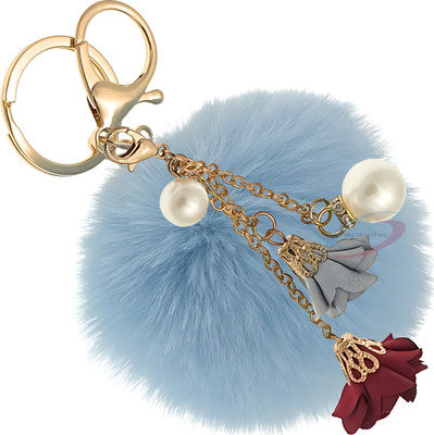 iAccessories Fluffy Faux Fur Pom Pom with Pearls & Roses Pendant Charm Light Blue Key Chain