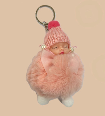 SHRI JI Cute Sleeping Furry Baby doll with cap PEACH Key Chain