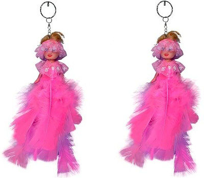 DivColl Cute Doll Keychain with Feather Skirt for Girls, Pink/ Blue Colours Set of 2 Key Chain