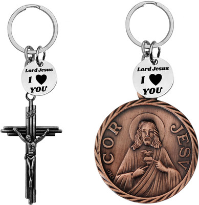 M Men Style Jesus cross & Sacred Heart Keychains with‘Lord Jesus I Love You’Charm Com670-623 Key Chain