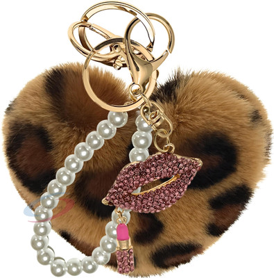 iAccessories Brown Leopard Heart Pom Pom Keychain with Pearl & Diamond Lips Accent Key Chain
