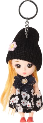 Shrey Shiv Collections Doll with Long Blond Hair, Black Dress and Knitted Cap Key Chain