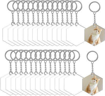 Maitri Pack Of 30 Acrylic Transprent Circle Hexagon Discs Ring with Chain Key Chain
