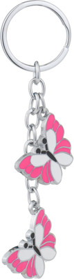 twilight shine Silver Tone Keychain with Two Pink and White Butterfly Pendants Key Chain