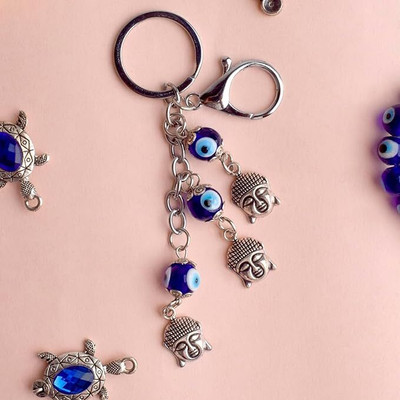 Satvik Silver 3 Tier Lucky Buddha Keychain with Blue Beads and Evil Eye Key Chain