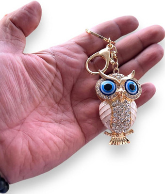 BLUE BEADS Gold with Evil Eye Crystal Rhinestone Sparkling Owl Keyring Key Chain