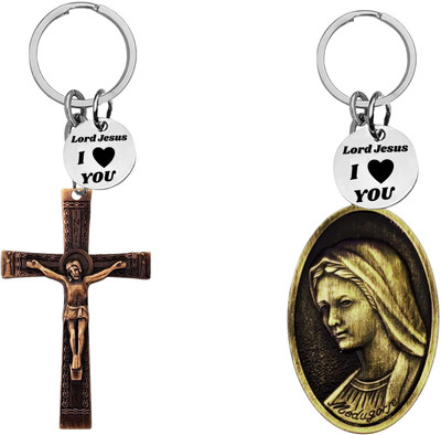 M Men Style Jesus cross and Virgin Mary medallion Keychains SKeyCom665-642 Key Chain