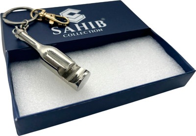 Sahib Collection Bottle Opener Silver with Golden Hook Metal Keychain for Men Women Pack of 1 Key Chain