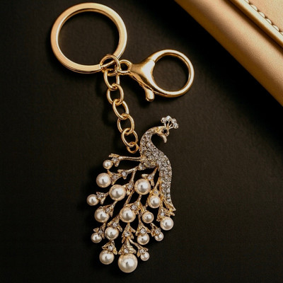 Go Vrinda Studio GVS Luxury Peacock White Pearl Keychain | Premium AD Diamond | Car, Bike & Home Key Chain
