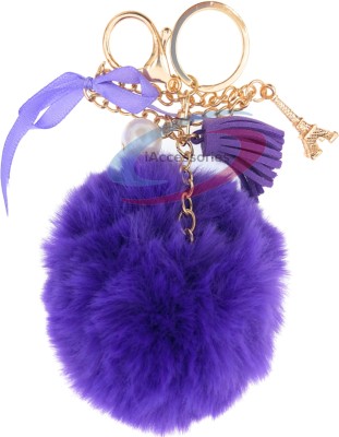 iAccessories Fluffy Faux Fur Pompom Pearl Tower Charm Keyring for Girls Bags Scooty Bike Car Key Chain