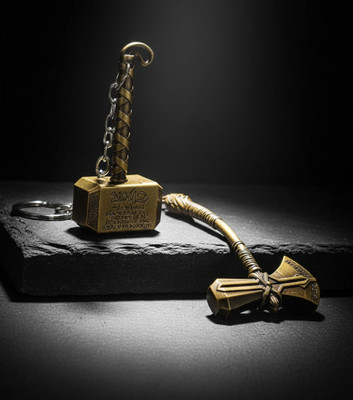 Vincozy Thor Hammer & Stormbreaker Keychain Set | Marvel Avengers Metal Key Ring (Gold) Key Chain
