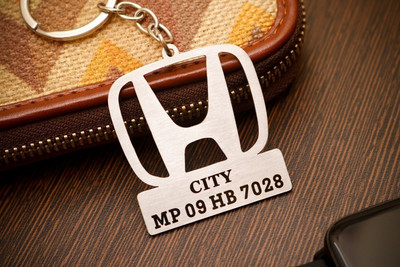 kraftnix Honda city Customizable Engraved Stainless Steel Key Ring With Number Plate Key Chain