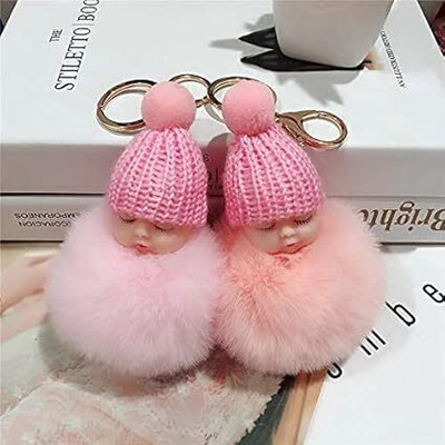 APEROL DESIGN Sleeping & Smiley Baby Doll Fluffy Fur Pompom Keychain for Bag, Car & Keys Key Chain