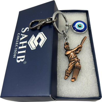Sahib Collection Cricket Icon with Evil Eye & Black Hook Metal Keyring - Copper Pack1 Key Chain