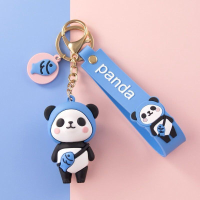 SHRI JI Cute 3D Panda Keychain & Keyring with Strap & Fish Charm (Blue) with Fish Key Chain