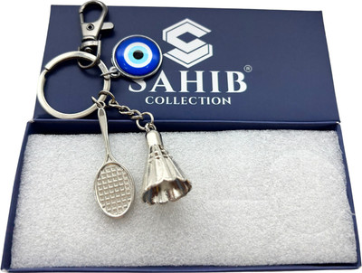 Sahib Collection Badminton Racket & Shuttlecock with Evil Eye & Black Hook Metal Keyring Pack1 Key Chain