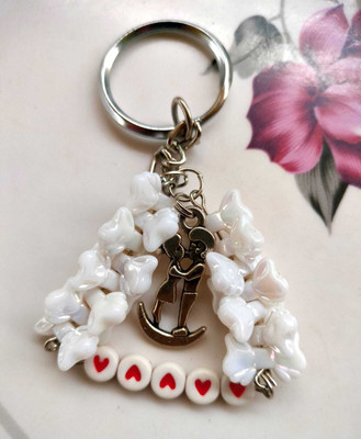 Amaze Things Romantic Couple Keychain with Heart Beads & White Floral Charms Key Chain