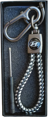 JNV Handwoven Leather Thread Keychain Compatible With Hyundai (Black And White) Car Key Chain