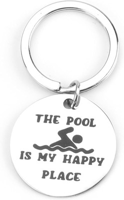 Fashioncreet Swimming pool Keychain – “The Pool is My Happy Place” Engraved Round Keyring Key Chain