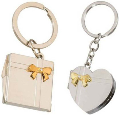 ShopTop Heart & Square Shape Double 2 Photo Frame Metallic Passport Size Key Chain Key Chain