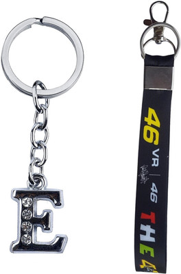 RINKON Pack of 2 Doctor VR46 Nylon Black Tag Hook 7inch & Letter E Stone Decor Combo Key Chain