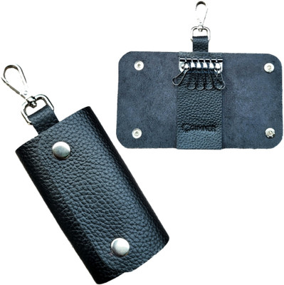 GIMNER Genuine Leather Key Case Pouch Wallet Keychain Key Holder with 8 Key Hooks/ 1 Lobster Hook Double Snap Closure, Best for Home, Office & Shop (Size 12 X 8 cm)(Black) Key Chain