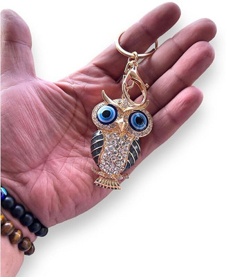 BLUE BEADS Gold with Evil Eye Crystal Rhinestone Sparkling Owl Keyring Key Chain